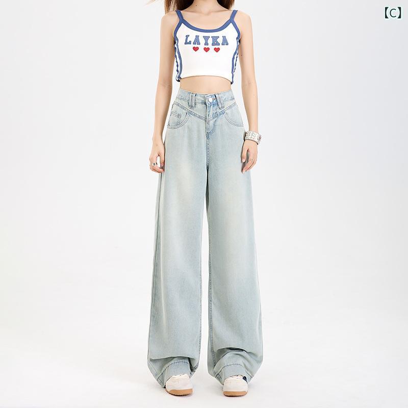 女性用 牛仔パンツ 高腰 レイヨン混 夏 春夏 翡翠緑 ワイドレッグ ロング丈 薄手 ...