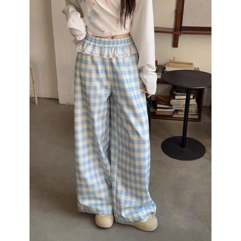 レディース ワイドパンツ 直筒 クロップドレッグ 高腰 薄手 ミックスカラー 格子柄 レース 切り替え 慵懒風 ゆったり ポリエステル 微弾力 都市 通勤 気質 カジュアル オールシーズン 2025年 夏 数码印花 加工 薄い生地 軽量 伸縮性 日常使い
