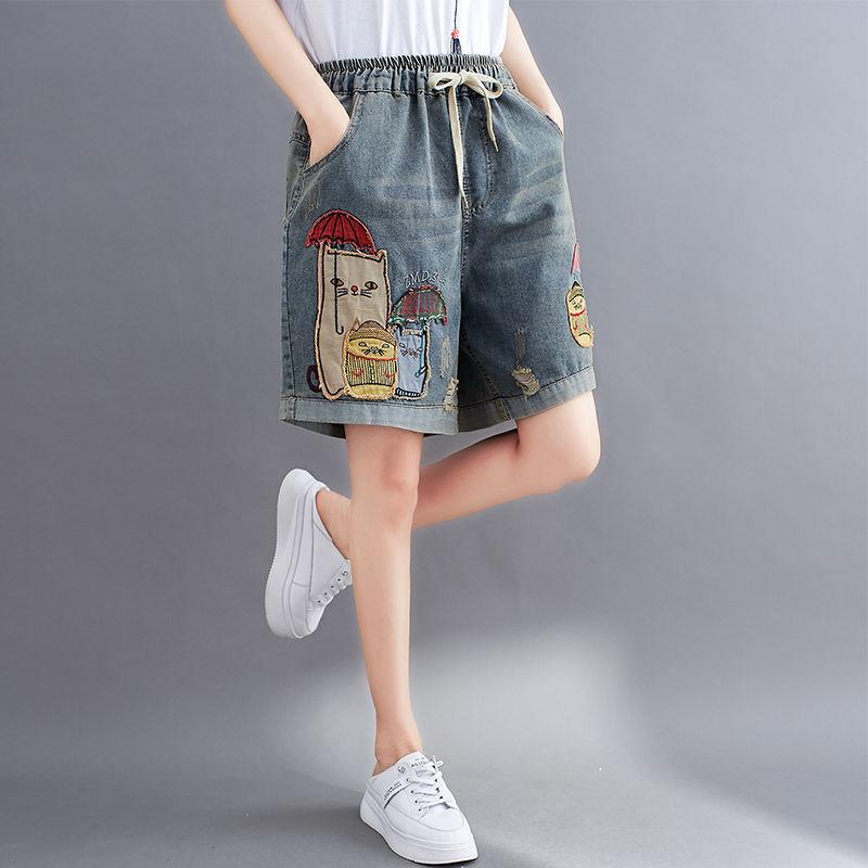 レディース デニム ショーツ 高腰 韓国風 ワイドレッグ ハーレムパンツ 刺繍 薄手 夏 デニム生地 綿素材 気質 通勤 スタイル 都市 風 軽量 ゆったり シルエット ビッグサイズ 洗い加工 ヴィンテージ風 ブルー ブラック