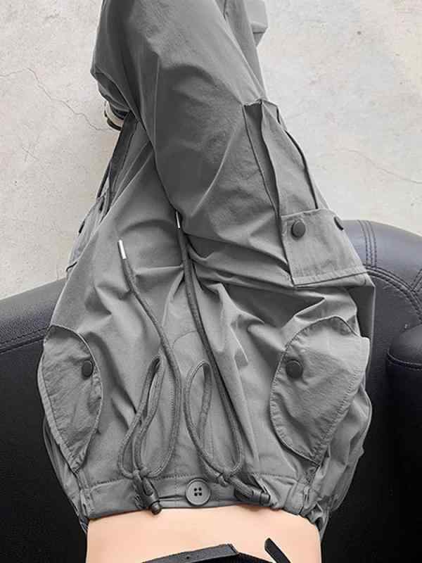 Cropped Pants - レディース ワイドパンツ 春夏 灰色 高腰 直筒 速乾 工装風 薄手 ポケット 街頭 潮人 スタイル 切り替え デザイン ミドル 伸縮性 ナイロン 素材 普段使い 軽量 カジュアル レジャー アウトドア ロング丈 ミドル 丈 ミドル 丈 ミドル丈 ミドル