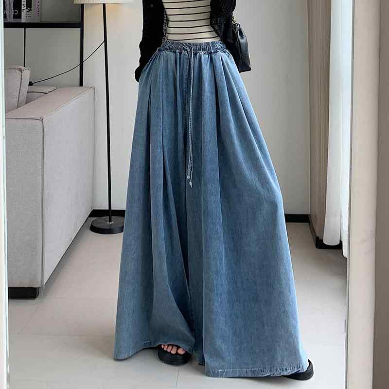 レディース 牛仔パンツ ワイドレッグ ストレート ハイウエスト ゆったり 大きいサイズ ロング丈 洗いざらし ヴィンテージ風 ブルー 通勤 気質 都市 シンプル 綿 ポリエステル 中厚 春季