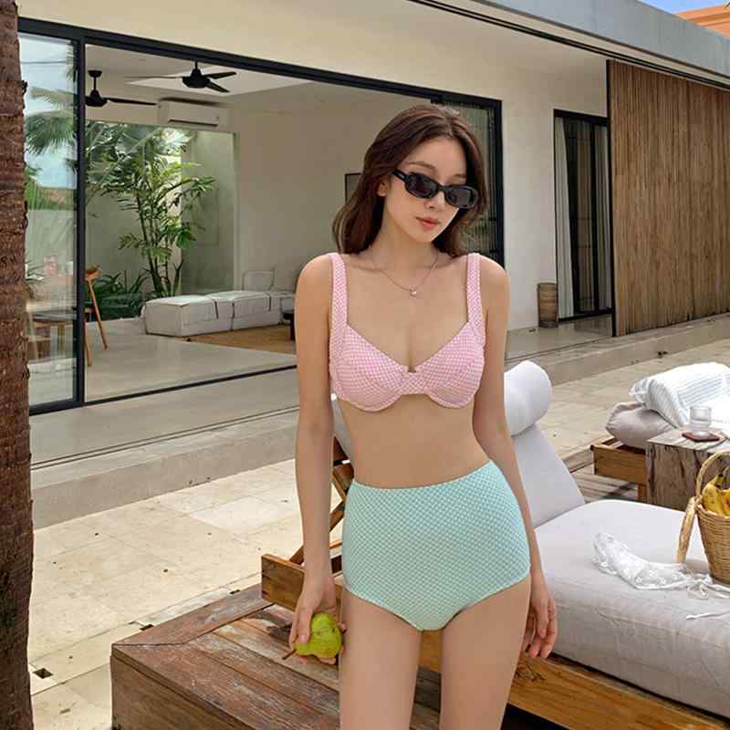 Two-Piece - レディース ビキニ セット 高腰 セパレート 水着 女性用 セクシー 三角 ビキニ 腹カバー スリム 効果 小胸用 ワイヤー ブラ ギャザー ショーツ 泳装 ピンク 無袖 タイト 背中開き ニット 素材 伸縮性 プール ビーチ シーン