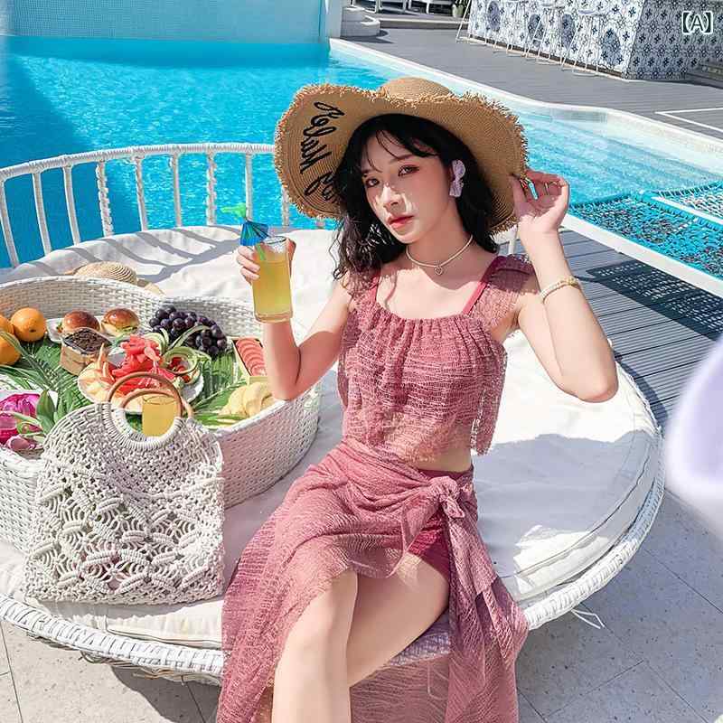 レディース 水着 ビキニ 分体 三点セット プッシュアップ 韓国スタイル 仙女風 温泉 スイムウェア ピンク ブルー ブラック ホワイト グリーン 無袖 純色 涤纶 ポリエステル スパンデックス 胸パッド ノーワイヤー 成人 女性用 泳ぐ 水中運動 プー 2
