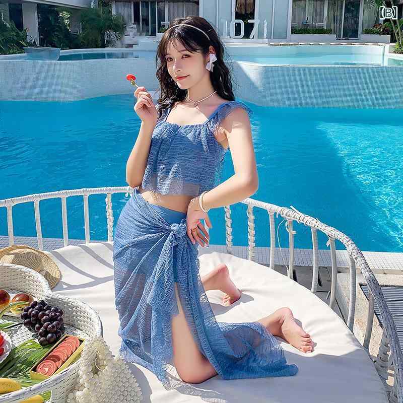 レディース 水着 ビキニ 分体 三点セット プッシュアップ 韓国スタイル 仙女風 温泉 スイムウェア ピンク ブルー ブラック ホワイト グリーン 無袖 純色 涤纶 ポリエステル スパンデックス 胸パッド ノーワイヤー 成人 女性用 泳ぐ 水中運動 プー 3