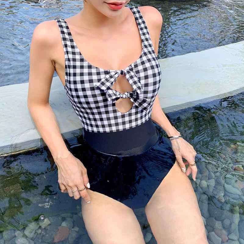 乐天商城 - レディース 連体泳衣 黒 格子柄 ハイウエスト セクシー 露背 耐久性 無袖 胸パッド ステルス ニルロン ポリエステル 混紡 軽量 速乾 伸縮性 フィット感 プール ビーチ 女性用 成人向け スイムウェア ビキニ風 スリムライン バックオープン ブラッ