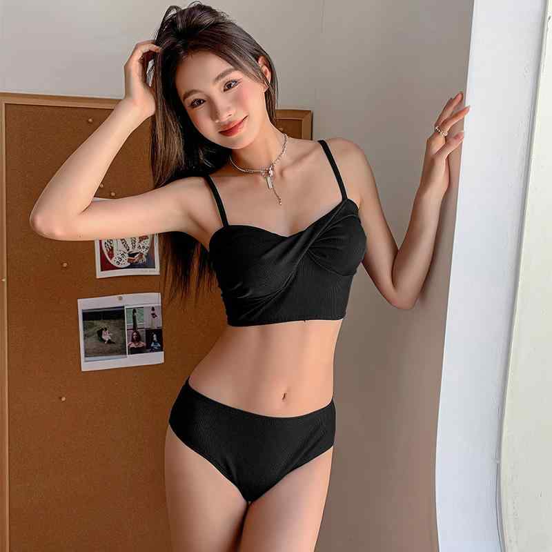 Rakuten - レディース 水着 ビキニ 高腰 セパレート 胸寄せ ガードル スリム 背中開き 無袖 緑 黒 純色 ジャカード ポリエステル 軽量 伸縮性 温泉 プール ビーチ 川遊び