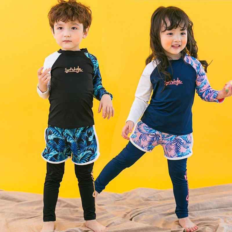 キッズ 泳装 男の子 女の子 長袖 長ズボン 3点セット 防晒 速干 保暖 2-4歳 4-6歳 6-8歳 8-10歳 10-12歳 ポリエステル 85% 黒 紺 青 ピンク 純色 韓国風 プール 海 水遊び