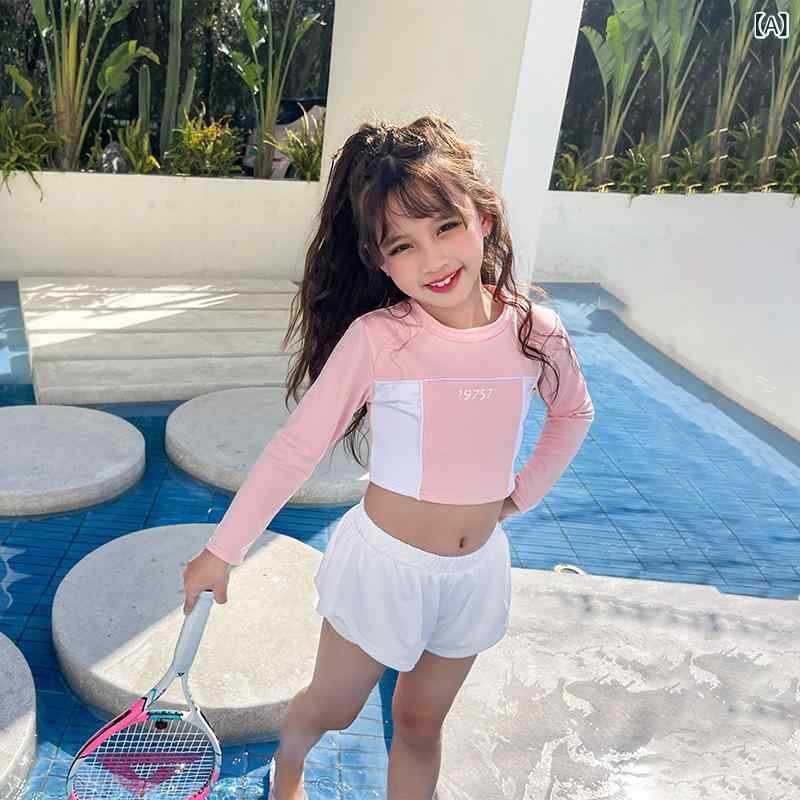 Two-Piece - 女の子 長袖 水着 分体式 防晒 韓国風 ベビー 運動 バカンス ビーチ スイムウェア かわいい 泳装 純色 ポリエステル ピンク 湖ブルー 速乾 伸縮性 軽量 5-7歳