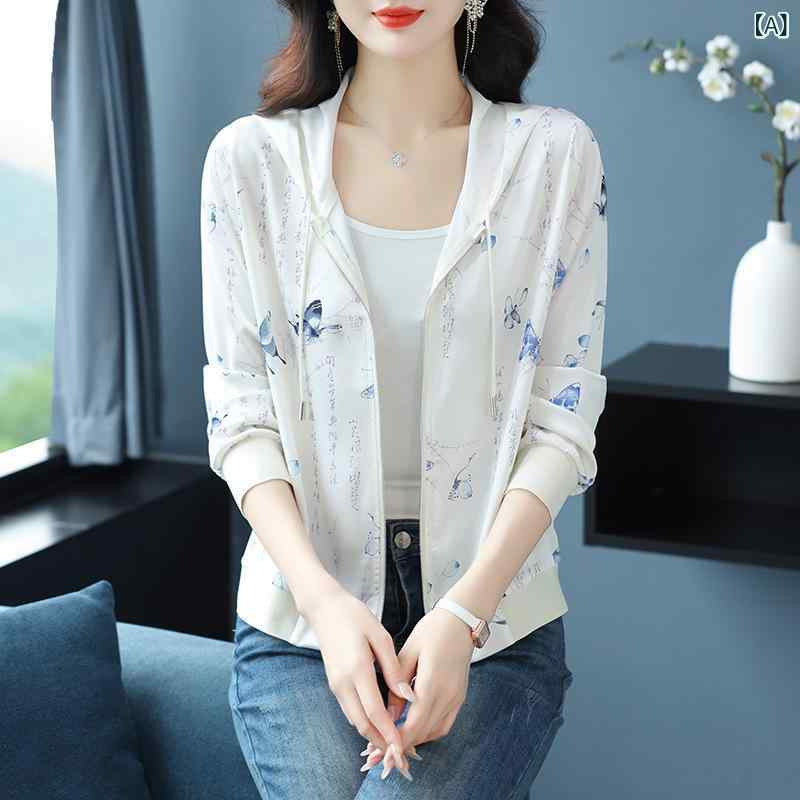 カーディガン レディース 防晒 桑蚕丝 接触冷感 長袖 短丈 開衫 Vネック フード付き ルーズフィット 大きいサイズ ミドルゲージ 3D立体柄 プリント加工 Aライン ジッパー開閉 ブルー グリーン レッド 快適カジュアル 夏 春夏 普段使い 外出用