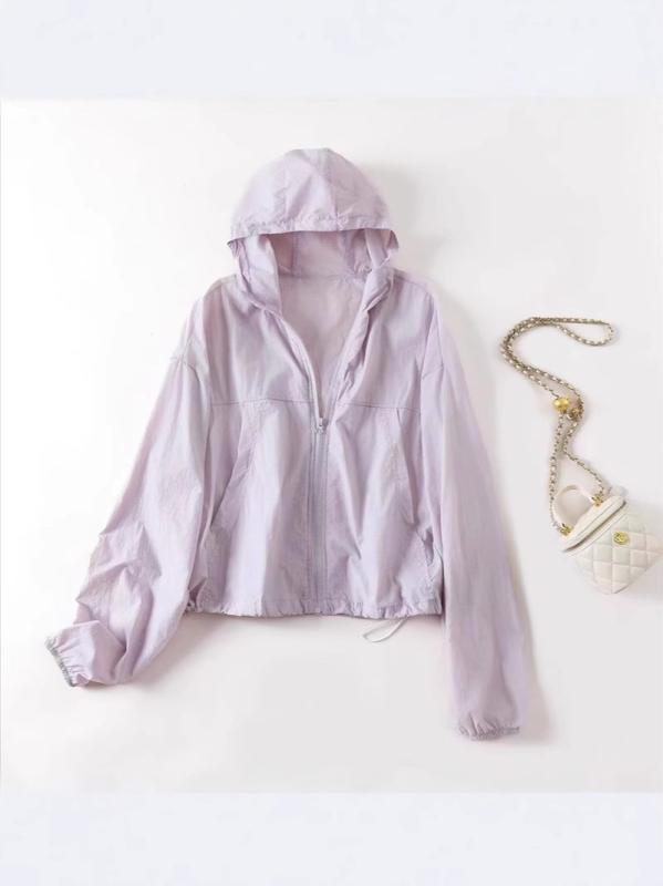 レディース 防晒服 長袖 薄手 通勤風 連帽 プルオーバー 接触冷感 速乾 紫外線カット UPF40 女性用 夏 春夏 白 グレー ピンク 紫 緑 軽量 吸湿 速乾性 気質 スタイル ポケット 付き プリーツ 加工 普通丈 50cm から 65cm 単品