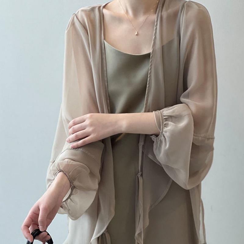 女性用 防晒 シャツ 長袖 トップス 透気性 夏用 気質 百搭 外穿 罩衫 Vネック ポリエステル 白色 杏色 ブラック 軽量 吸湿速乾 禅意風 復古スタイル カジュアル 普段使い 通勤 部屋着 外出 紫外線対策 薄手 柔らかい 接触冷感