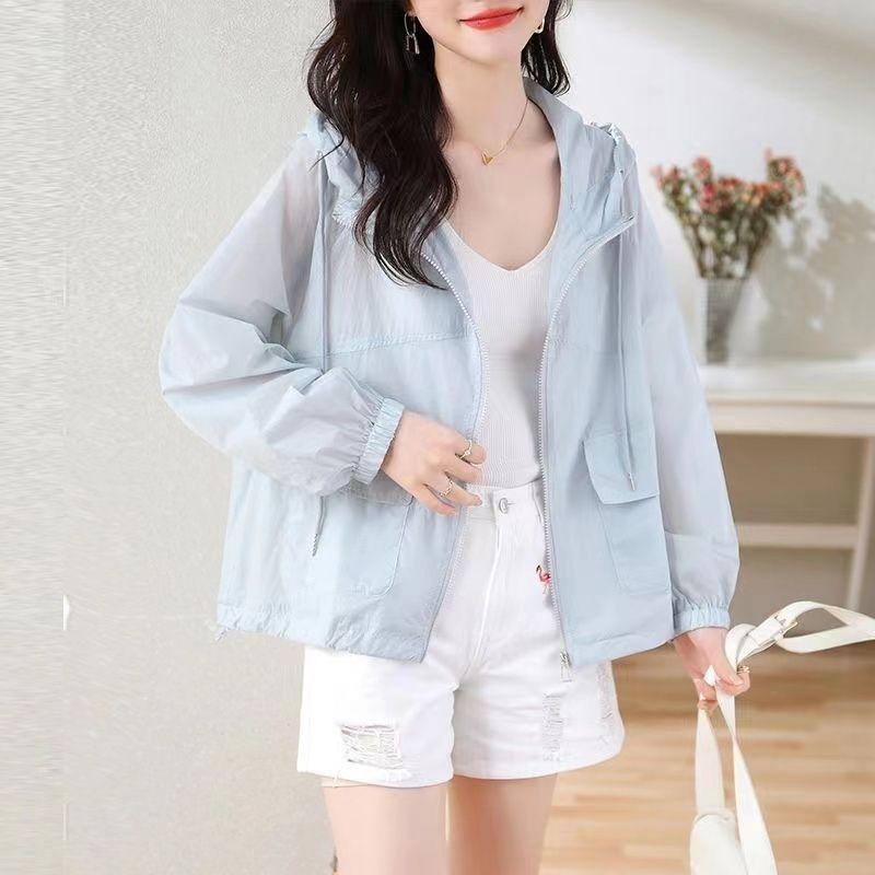 レディース 防晒ジャケット 薄手 軽量 透気性 長袖 フード付き ポリエステル 白色 ライトブルー イエローグリーン 気質 通勤 都市 カジュアル 普段使い 春夏 トップス