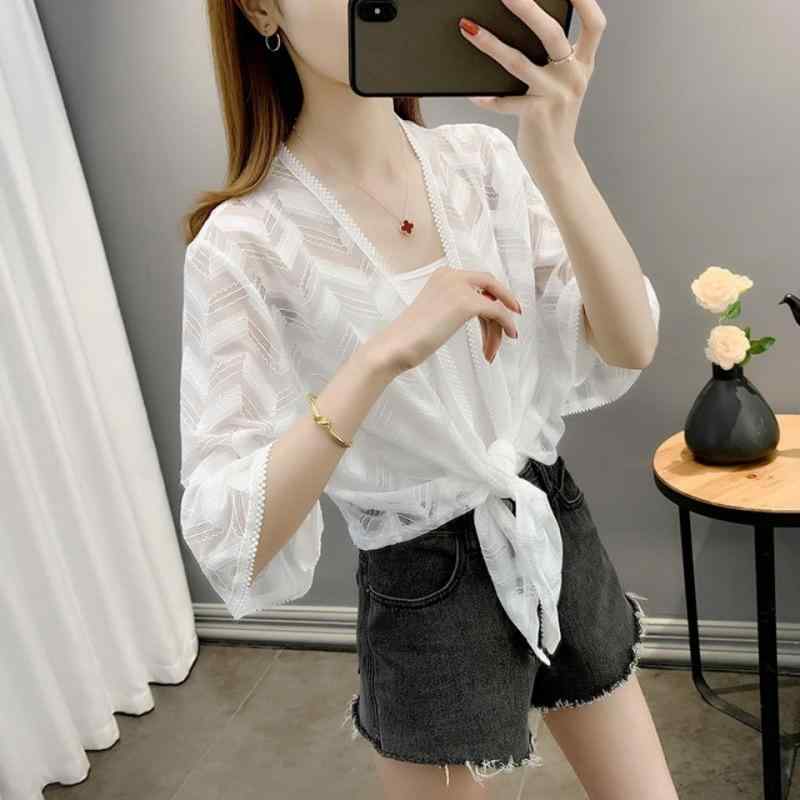 レディース 防紫外線 カーディガン 薄手 開きシャツ 女性用 ショール 夏用 吊り紐スカート 合わせ 短丈 トップス 広めシルエット Vネック 超長袖 紐リボン 白色 ブラック ポルカドット レース 接触冷感 ナイロン素材 通勤 気質 都市スタイル
