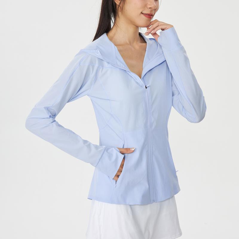 レディース 防紫外線 ヨガウェア 女性用 タイトフィット 透気性 速乾 フード付き 長袖 アウトドア ジャケット 運動服 スキンスーツ 伸縮性 ニット ナイロン ブラック ホワイト ライトブルー ピンク 夏 冬 春 秋 通勤 普段使い ハイキング ダンス