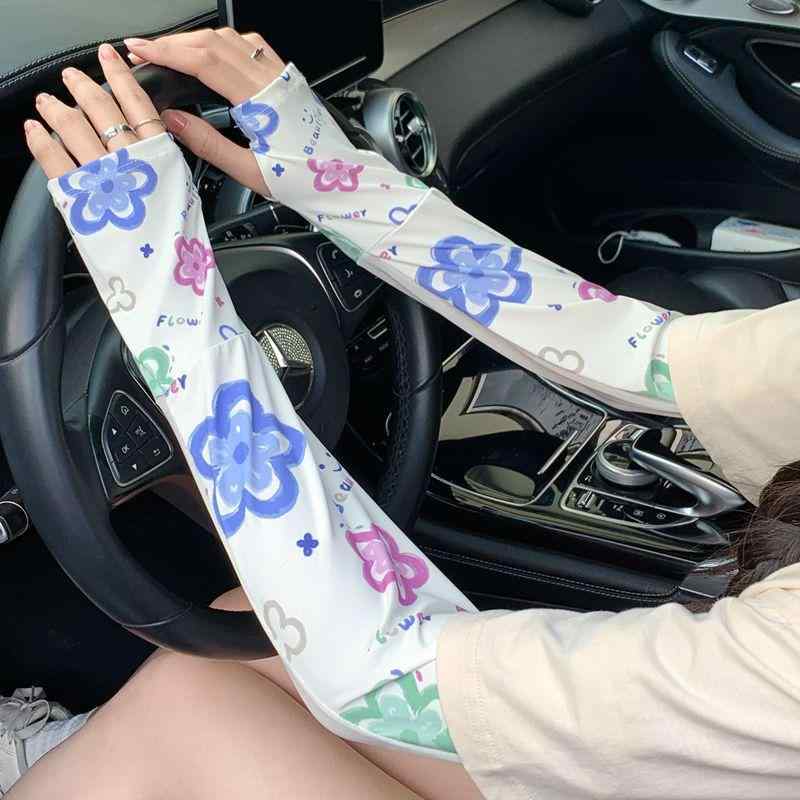 防晒 袖カバー 女性用 長め ゆったり 指出し 紫外線 保護 腕カバー 接触冷感 吸湿速乾 軽量 伸縮性 春夏 キャンプ サイクリング 日常使い プリント柄 花柄 カラフル ポップ フレッシュ かわいい 韓国風