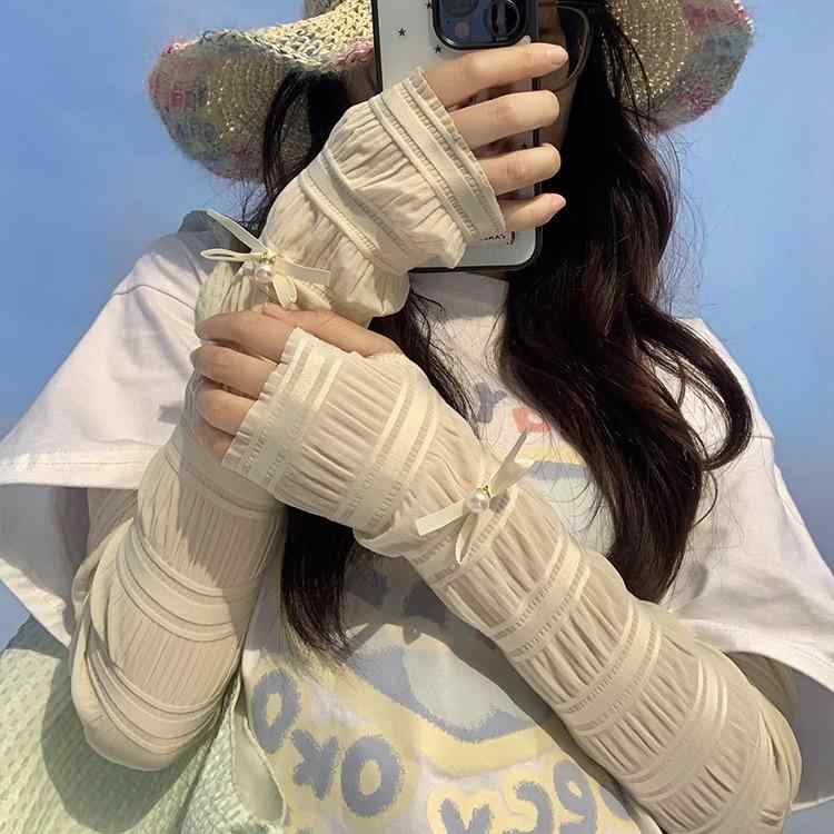 防晒袖 女性用 夏用 UVカット 薄手 レース フリル バタフライボウ 接触冷感 軽量 腕カバー 運転 ライディング ゆったり かわいい 甘め ピンク アイボリー 白 吸湿速乾 通勤 日常使い