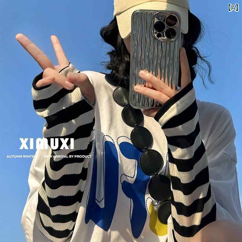 防晒袖セット 女性用 夏用 黒白 ストライプ 綿 接触冷感 長手袋 宽松 遮阳 紫外線カット 軽量 伸縮性 屋外 運転 通勤 サイクリング 普段使い ブラック グレー ブルー グリーン ピンク系