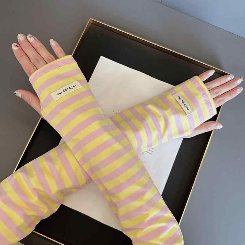 防晒 アイス 袖 女性用 夏 春夏 綿 素材 透気 吸汗 クール 柔らか ストリップ柄 ピンク系 ブラック ホワイト ブルー グレー イエロー パープル カラーバリエーション 軽量 伸縮性 接触冷感 屋外 サイクリング レイヤード スタイル かわいい 個