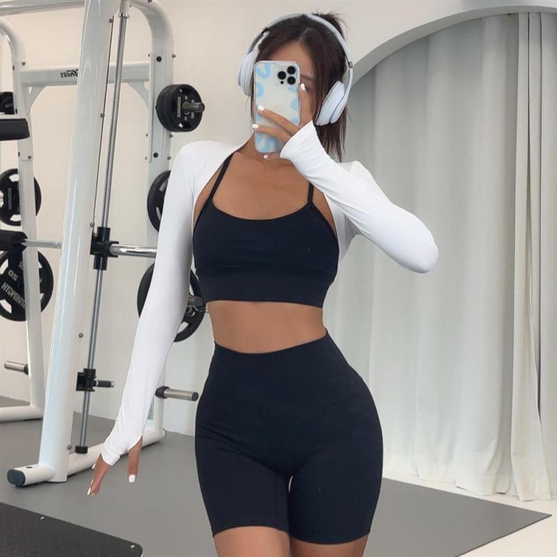 レディース ヨガ キャミソール 防晒 開衫 フィットネス トップス ショール 上衣 長袖 短め アウター 吸湿速乾 ナイロン 素材 女性用 フィットネスウェア ランニング ワークアウト 春夏 シーズン タイトフィット ホワイト ブラック グレー イエロー