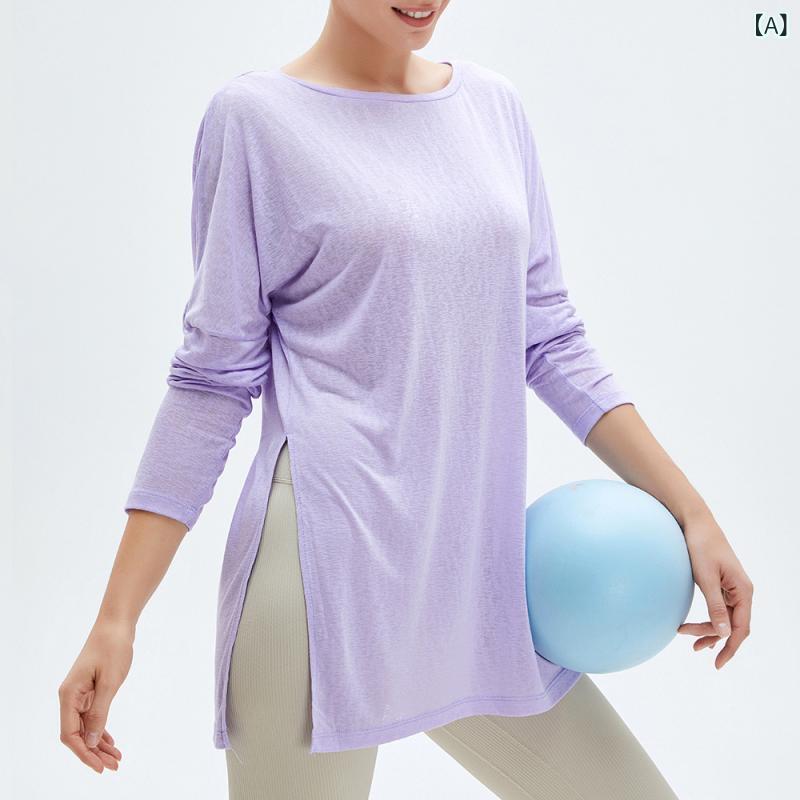 女性用 接触冷感 防紫外線 速乾 ヨガ トップス 長袖 ロングTシャツ 軽量 透気性 綿混 ポリエステル ワイドシルエット フィットネスウェア ランニング ダンス 運動服 紫 グリーン カーキ オレンジ ホワイト ブラック 春夏秋冬 通年 ゆったり 吸湿