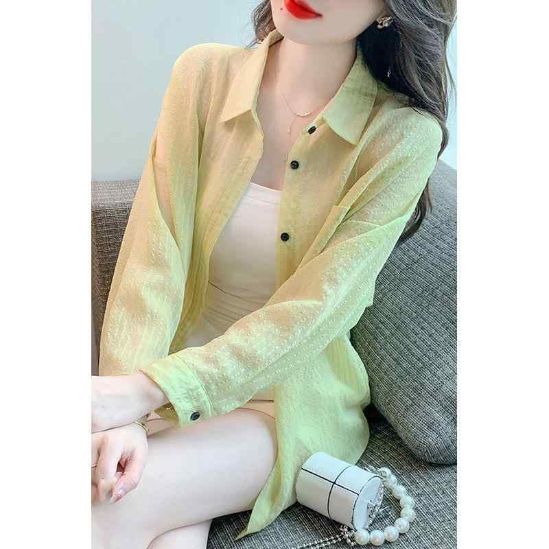 レディース 防晒 シャツ ジャケット 接触冷感 雪纺 ポリエステル 薄手 長袖 シャツカラー 普通丈 幾何柄 切り替え 気質 通勤 都市風 甘め 清新 春夏 シトラスイエロー ホワイト S〜6XL