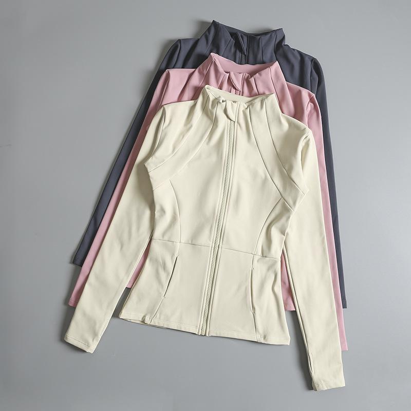 レディース ヨガウェア 春夏 長袖 スタンドカラー ジップアップ ジャケット 修身 防晒 スリムフィット ポリエステル 接触冷感 伸縮性 薄手 通勤風 ランニング フィットネス トップス 気質 単品 杏緑 深灰 ピンク ブラック ホワイト