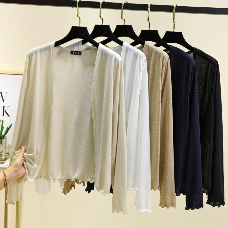 レディース 防晒 開襟カーディガン 夏用 長袖 薄手 ポリエステル 綿 伸縮性 フリル ショール 風 外套 トップス ルーズフィット 大きいサイズ エアコン対応 ブラック ホワイト ライトピンク カーキ ネイビー ブラウン ベージュ ライトブルー ダーク