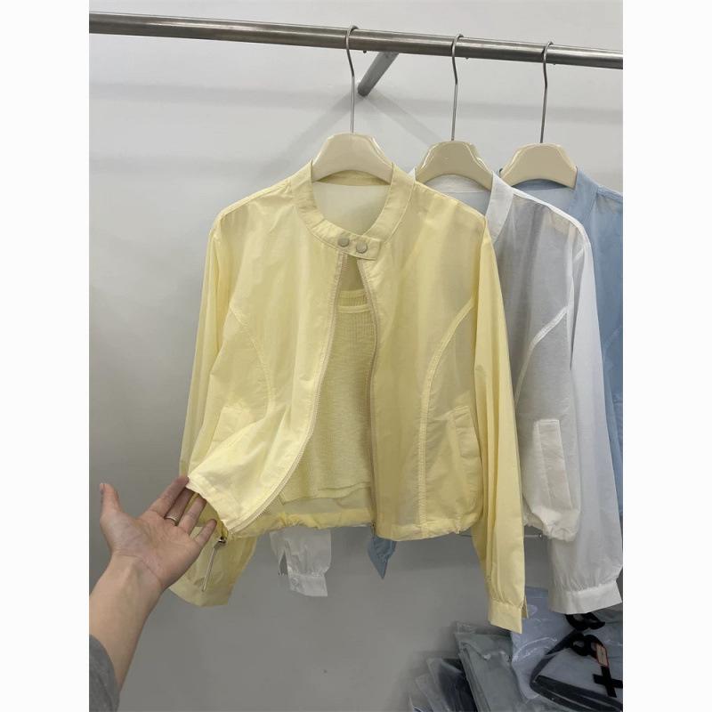 レディース 防晒 長袖 カーディガン 春夏 軽量 薄手 ナイロン 接触冷感 通勤 普段使い 女性用 都市スタイル かわいい 丸首 ロングスリーブ 白色 ライトブルー ライトイエロー 気質 シンプル クロップド ハイネック ソフトタッチ