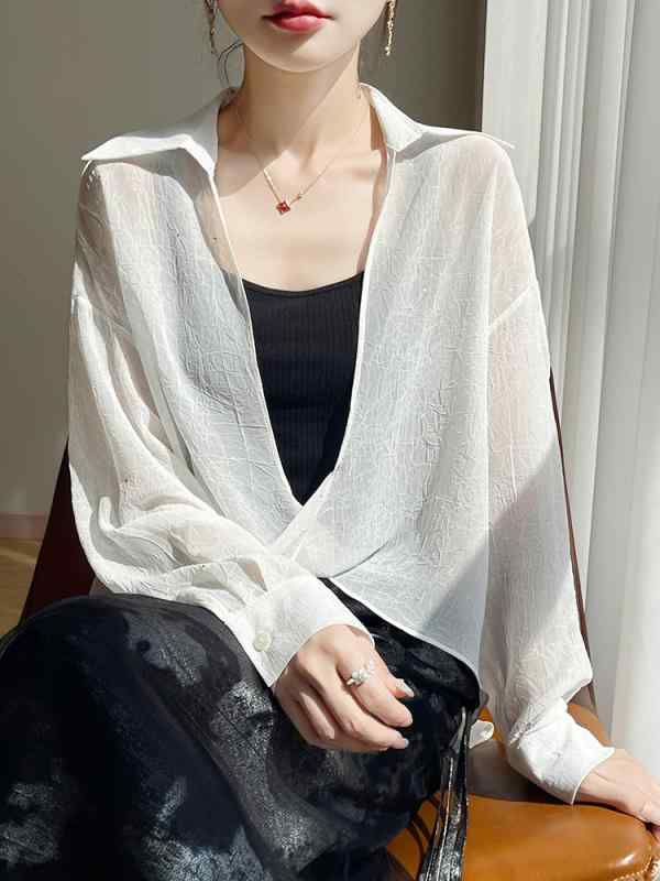 レディース 夏 防晒 ショール スカート セット バインダー シャツ 薄手 長袖 Vネック トップス 接触冷感 ポリエステル 素材 気質 通勤 スタイル ゆるシルエット 軽量 外出 コーディネート ブラック ホワイト カラー 欧風 デザイン