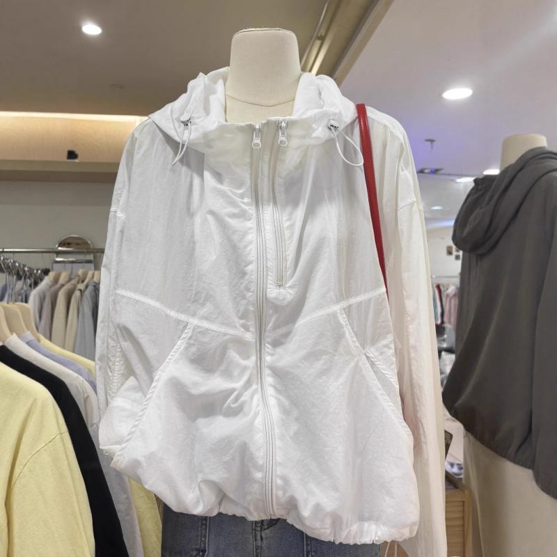 レディース 春夏 防風 ジャケット 軽量 薄手 ポリエステル 混紡 接触冷感 吸湿速乾 長袖 ルーズフィット ダブルジッパー POLOカラー プルオーバー 切り替えデザイン 無地 ブラック ホワイト ピンク イエロー グリーン パープル ライトブルー 紫