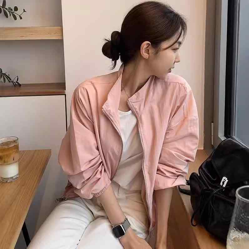 レディース 秋冬 韓国風 立領 防風 ジャケット コート 薄手 長袖 ゆったり トップス 防晒 ユニセックス ピンク ホワイト ポリエステル 純色 切り替え デザイン ジップアップ 普通丈 通常袖 日常使い カジュアル スタイル 甘め フレッシュ