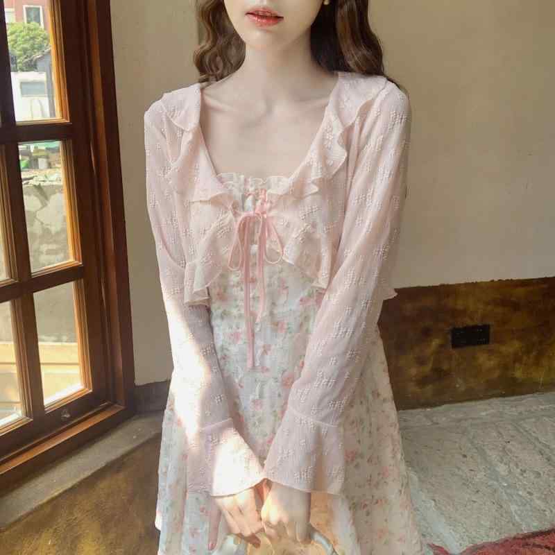 レディース 防晒 開衫 短外套 トップス 女性用 夏 春夏 かわいい 甘め 花柄 デザイン 優しい 薄手 修身 気質 通勤 都市風 ピンク ブルー ミルク アプリコット レース フリル 襟 長袖 接触冷感 ポリエステル 軽量 吸湿速乾 通勤用 普段使い