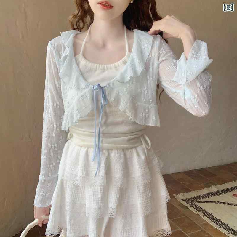 レディース 防晒 開衫 短外套 トップス 女性用 夏 春夏 かわいい 甘め 花柄 デザイン 優しい 薄手 修身 気質 通勤 都市風 ピンク ブルー ミルク アプリコット レース フリル 襟 長袖 接触冷感 ポリエステル 軽量 吸湿速乾 通勤用 普段使い 3
