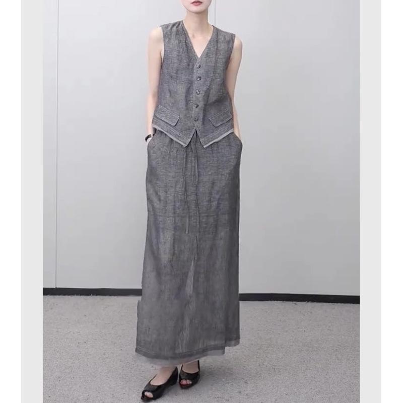 セットアップ レディース ベスト ロングスカート 2点セット 亜麻 リネン 高級感 極簡 ミニマリズム ファッション オールドマネー風 グレー 灰色 ノースリーブ ジレ フレアスカート 春夏 ゆったり 体型カバー 普段使い デート