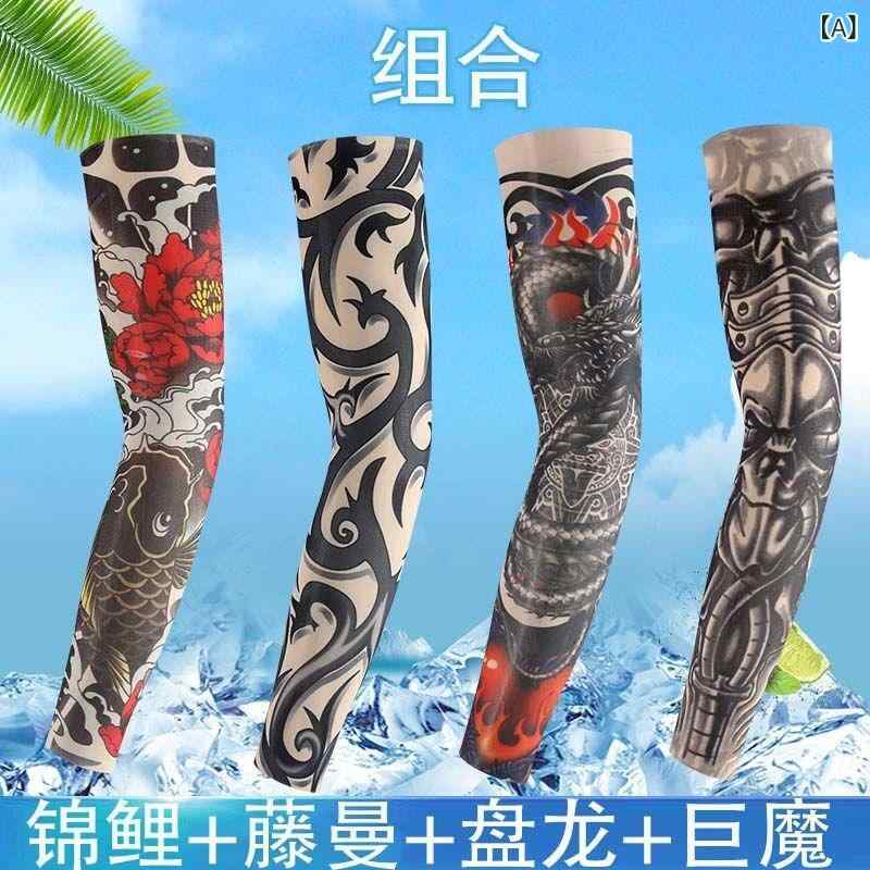 メンズ 防晒アームカバー 腕カバー 紋身風 花柄 刺青風 アイスシルク 接触冷感 吸湿速乾 伸縮性 サイクリング ドライブ 釣り アウトドア 普段使い 通勤用 春夏 レイヨン素材 軽量 ユニセックス かわいい 個性的 ブラック グレー ブルー系 ピンク系