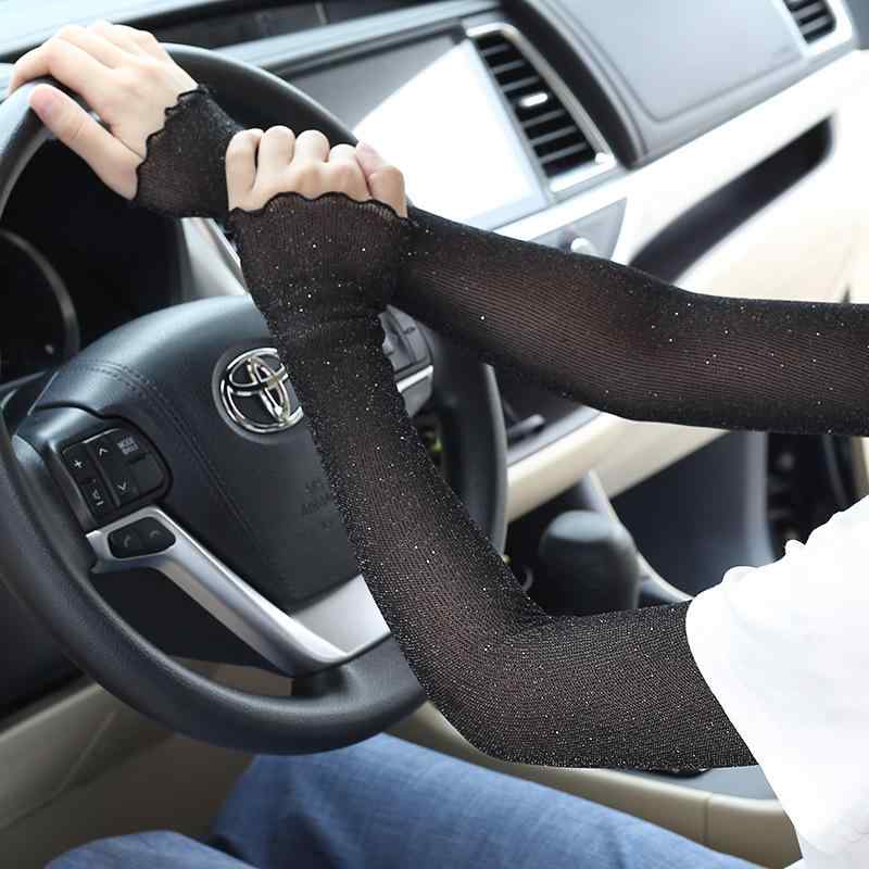 サマーブラック 女性用 防紫外線 袖カバー 薄手 メッシュ 透気性 接触冷感 ロング ゆったり 伸縮性 手袋 運転 サイクリング 腕カバー 直筒 指付き ベージュ ホワイト ブラック ピンク系 ブラウン