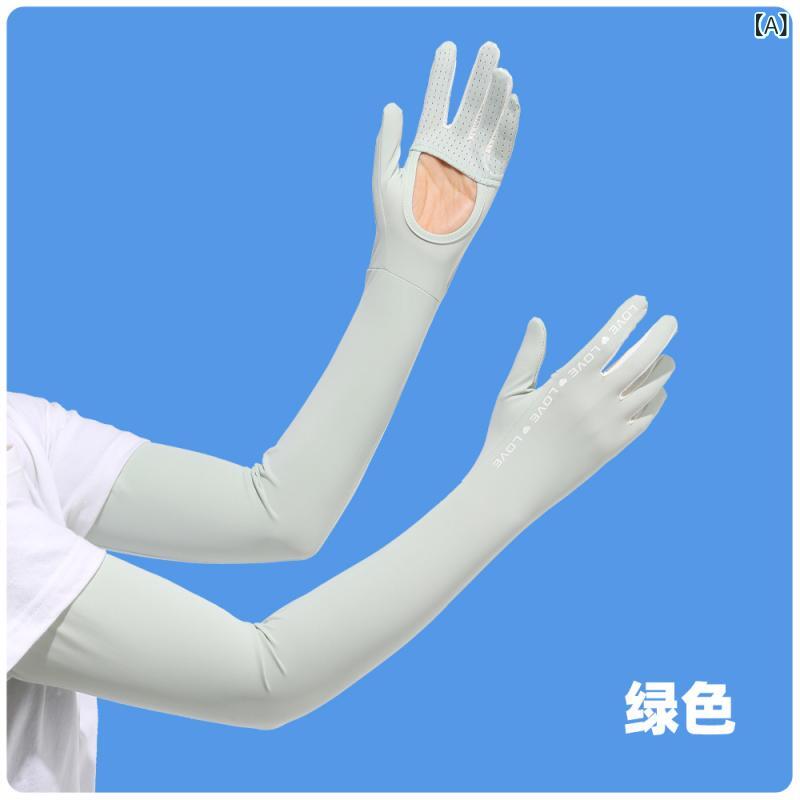 Arm Warmers - アームカバー 女性用 夏用 UVカット 接触冷感 遮陽 長袖 腕カバー 手袋付き 緑 ピンク グレー 白 黒 ナイロン素材 軽量 通勤 運転 サイクリング アウトドア 運動 シンプル 百搭