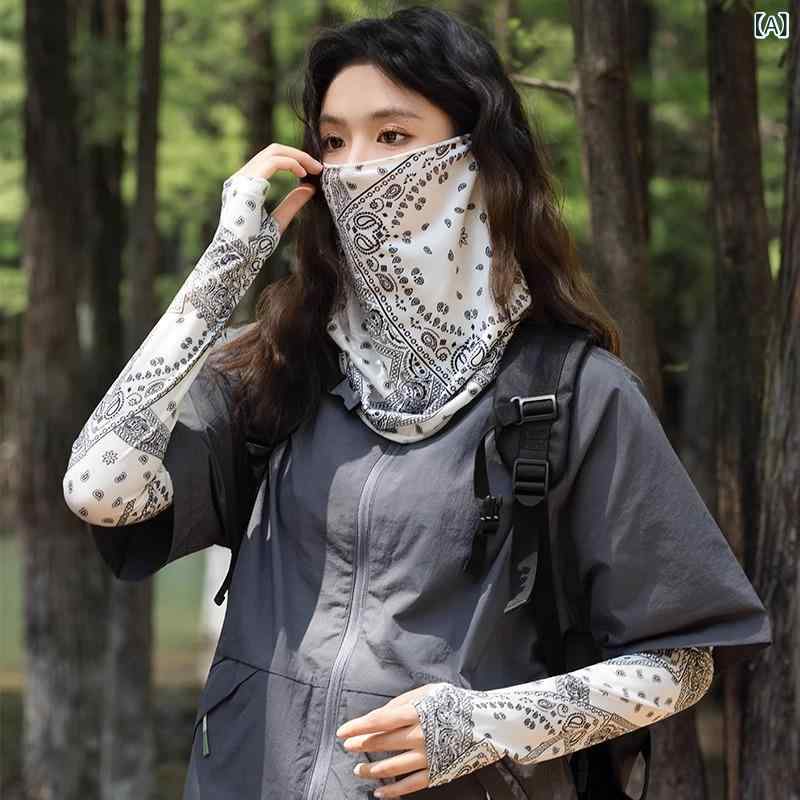 夏用 UVカット 接触冷感 袖セット フェイスカバー 女性 メンズ 透気 薄手 ポリエステル 個性派 半面遮り ホワイト ブラック 屋外 サイクリング ドライブ 普段使い 軽量 吸湿速乾 ハイキング アウトドア