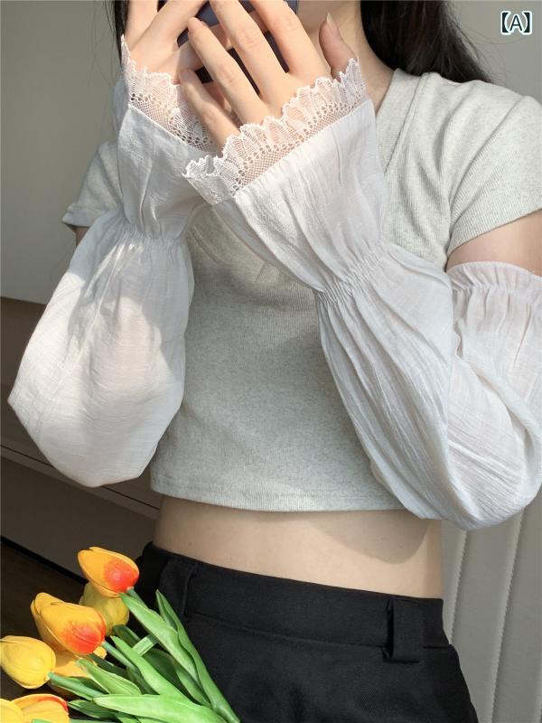 シャドーテールのアームカバー 女性用 春夏 接触冷感 綿麻素材 UVカット 蕾絲デザイン 屋外用 遮陽 軽量 伸縮性 通勤 普段使い かわいい ピンク グレー ベージュ グリーン ホワイト ゆったり 大きめサイズ 腕保護 涼しい 吸湿速乾 森ガール フェミニン スイート｜アングル2