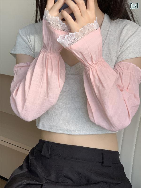 シャドーテールのアームカバー 女性用 春夏 接触冷感 綿麻素材 UVカット 蕾絲デザイン 屋外用 遮陽 軽量 伸縮性 通勤 普段使い かわいい ピンク グレー ベージュ グリーン ホワイト ゆったり 大きめサイズ 腕保護 涼しい 吸湿速乾 森ガール フェミニン スイート｜アングル3