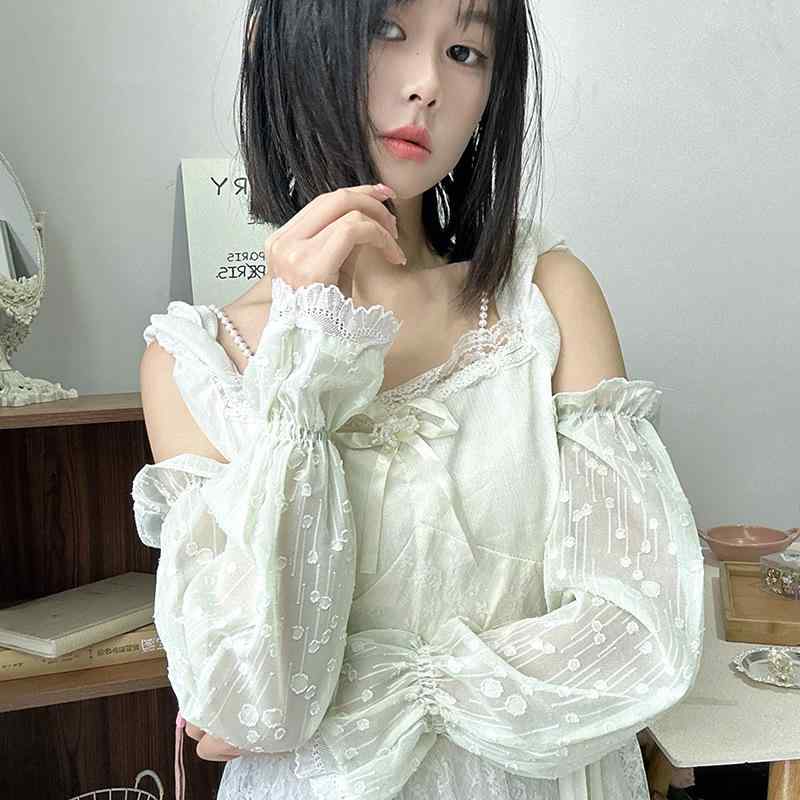 夏用 女性 防晒 袖セット レース 雪纺 腕締め かわいい 爽やか 自然 甘い 学院風 ポリエステル 軽量 通気性 切り替え デザイン 白 ベージュ ピンク ライトグリーン 春夏 普段使い