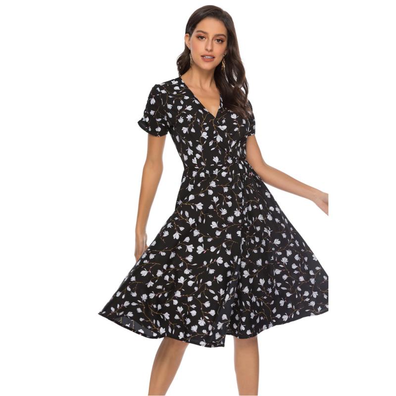 ワンピース 女性用 春夏 ボヘミアン ビーチドレス 雪纺 プリント 大振り ロングドレス Vネック 短袖 高腰 系帯 ポリエステル スパンデックス イエロー グリーン ライトブルー ブラック 通勤 気質 優雅 軽量 通気性 伸縮性 夏 普段使い