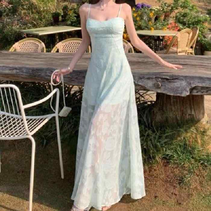 乐天商城 - ワンピース 女性用 春夏 薄荷緑 レース Aライン 長丈 吊り帯 無袖 ハイウエスト 切り替え デザイン 接触冷感 ポリエステル 気質 通勤 普段使い 軽量 吸湿速乾 セットアップ スタイル ビーチ リゾート ファッション