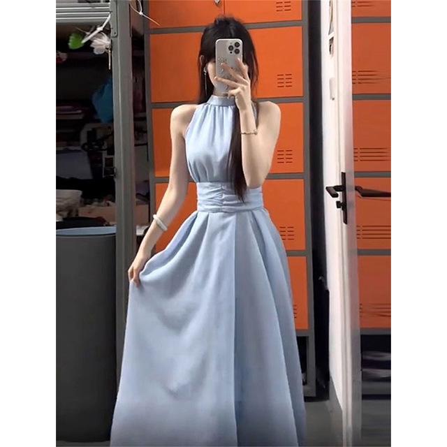 ワンピース 女性用 夏 無袖 ハングネック 肩出し Aライン ハイウエスト ロング丈 涤纶素材 接触冷感 軽量 通気性 純色 ビーチ リゾート スタイル 私服 かわいい 気品 プールサイド 普段使い 小柄対応 伸縮性 セットイン トグル 画像色 セットア