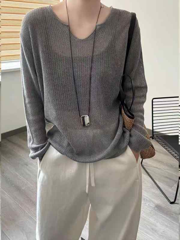 Vネック ニットトップス 女性用 春夏 接触冷感 長袖 ゆったり 防晒 透け感 切り替え 薄手 ポリエステル ジャージ ナイロン 混紡 イエロー ライトブルー グレー ピンク ベージュ ターコイズグリーン ブラック シンプル 日常使い 快適
