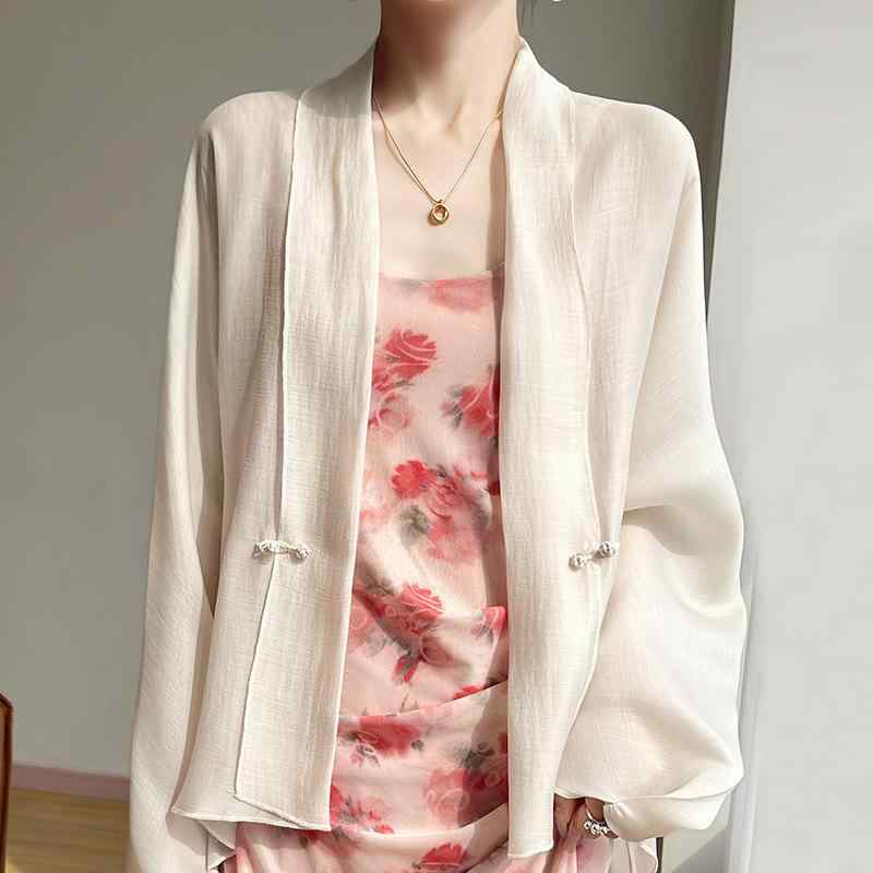 長袖トップス 女性用 防晒 春夏 接触冷感 ポリエステル 米白色 浅い青 黒 桃粉 葉柄 ゆったりシルエット Vネック 盤ボタン 竹柄 中国風 気質 カジュアル 薄手 長さ普通 UPF30 快適 普段使い 軽量 吸湿速乾 減龄 文艺復古 紐扣 純色 ワイ