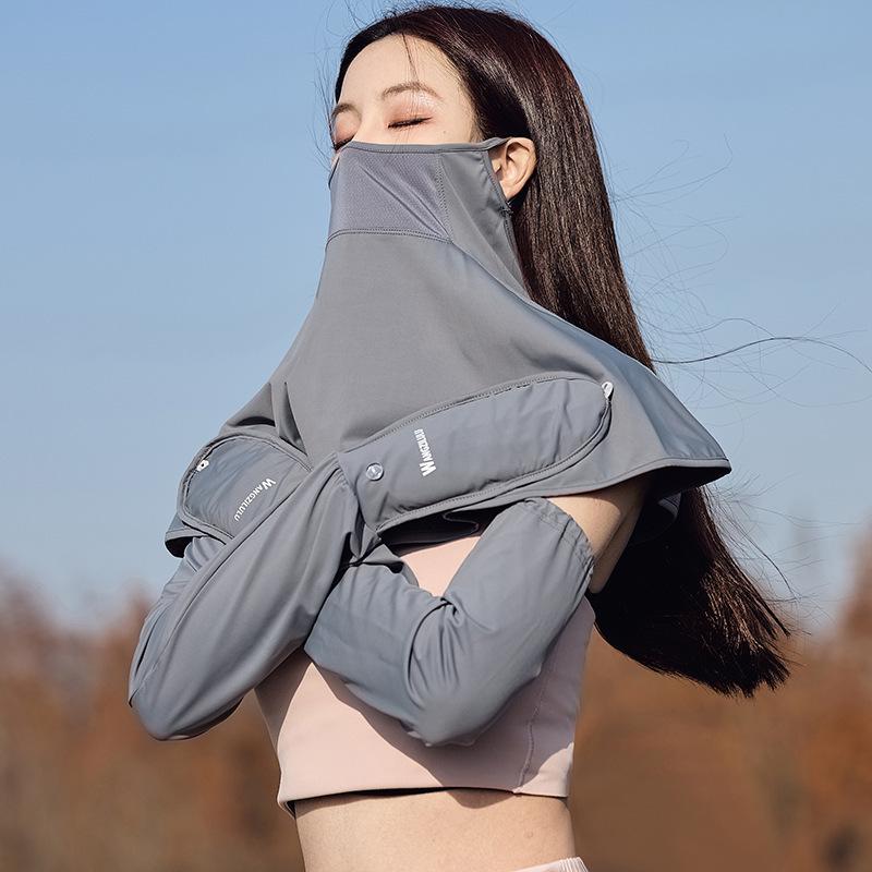 Arm Warmers - レディース 防紫外線 接触冷感 袖カバー フェイスガード セット 夏用 指付き ポリエステル 素材 軽量 伸縮性 通勤 外出 アウトドア サイクリング 紫外線カット ホワイト グレー ブラック ピンク ブルー パープル カラーバリエーション ファッション