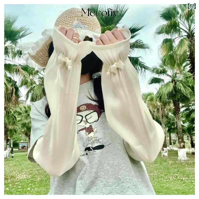 夏用 女性用 透け感 UVカット 袖カバー レース ショートスリーブ 接触冷感 吸湿速乾 伸縮性 雪紡素材 切り替えデザイン 珍珠蝶結び 米色 白色 ブラック グレー 運転用 アウトドア 普段使い 軽量 通気性 春夏 ファッションアクセサリー