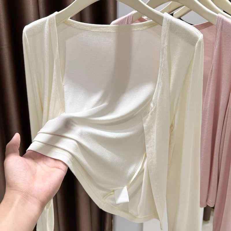 防晒衣 レディース 夏用 モダール混 接触冷感 超弾性 長袖 Vネック 短丈 切り替え 薄手 修身 ピュアカラー かわいい 軽量 吸湿速乾 通勤 普段使い 部屋着 ブラック ホワイト ピンク アイボリー ベージュ系