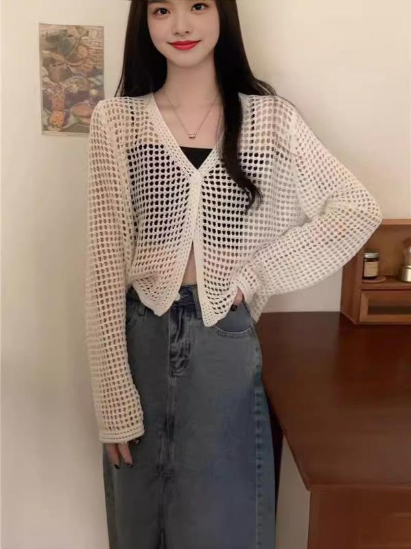 ニット カーディガン 女性用 春夏 長袖 Vネック 薄手 接触冷感 切り替え レース 防晒 ブラック ホワイト ブラウン ベージュ 日韓風 カジュアル 軽量 吸湿速乾 通勤 普段使い アウトドア 伸縮性 高級感 ビッグシルエット